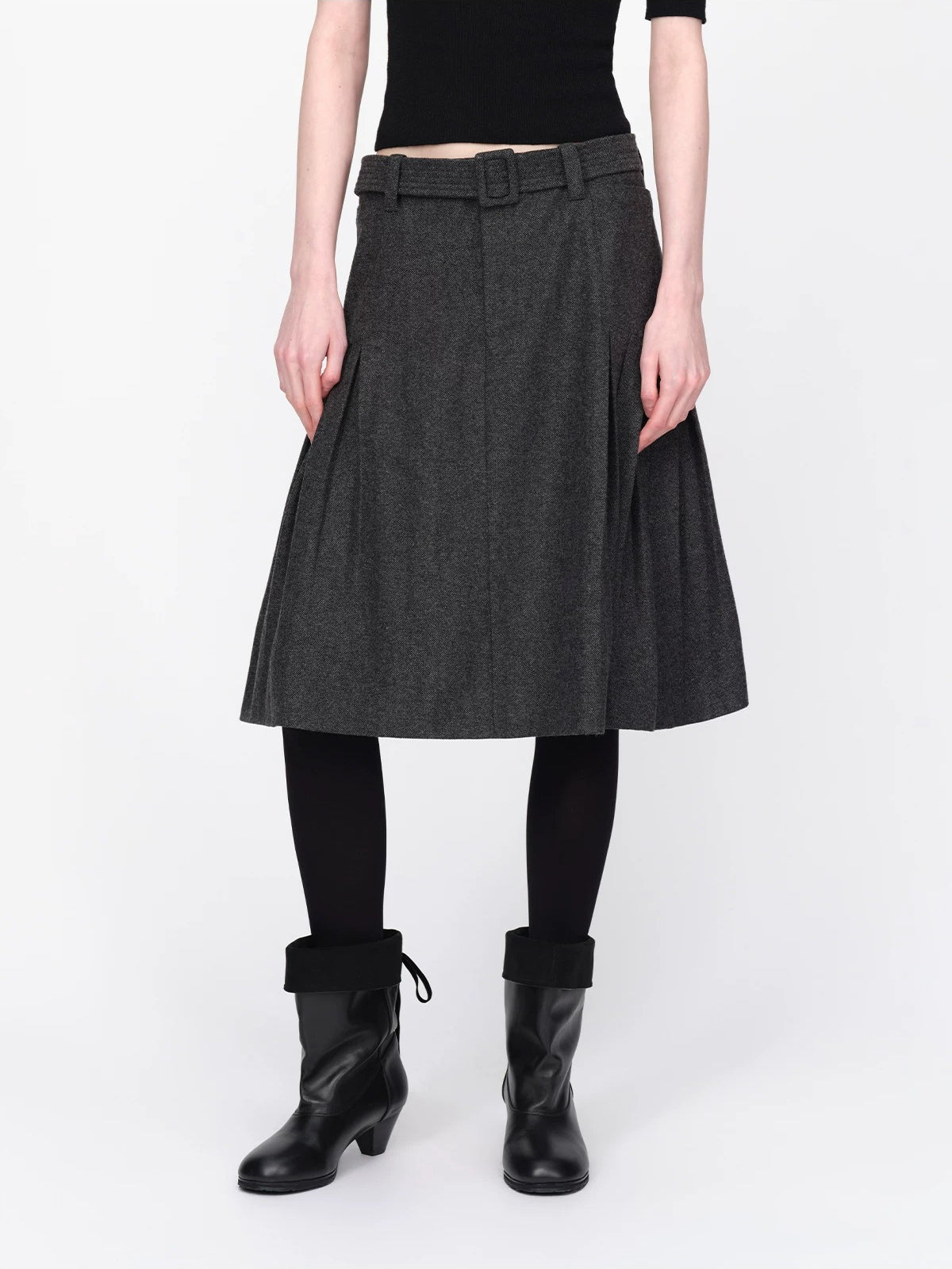 Wool Belted A Line Pleated Skirt