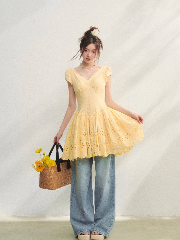 V-Neck Flower - Cutout Dress