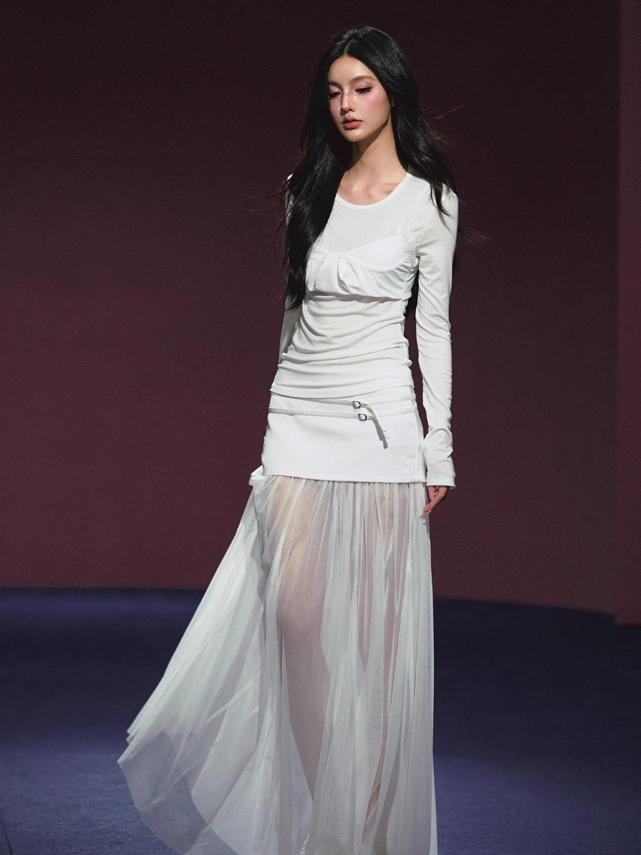 Lyocell Fake Two-piece Sheer Blouse & Skirt Set