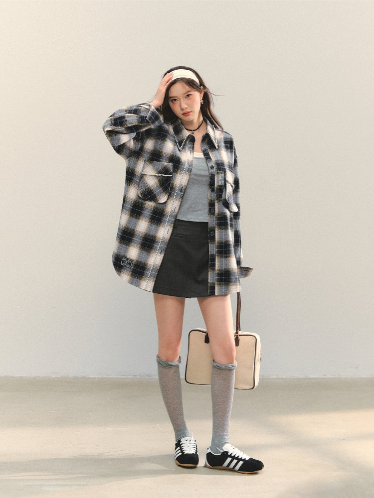 Pearl-Trimmed Polo-Neck Checkered Shirt