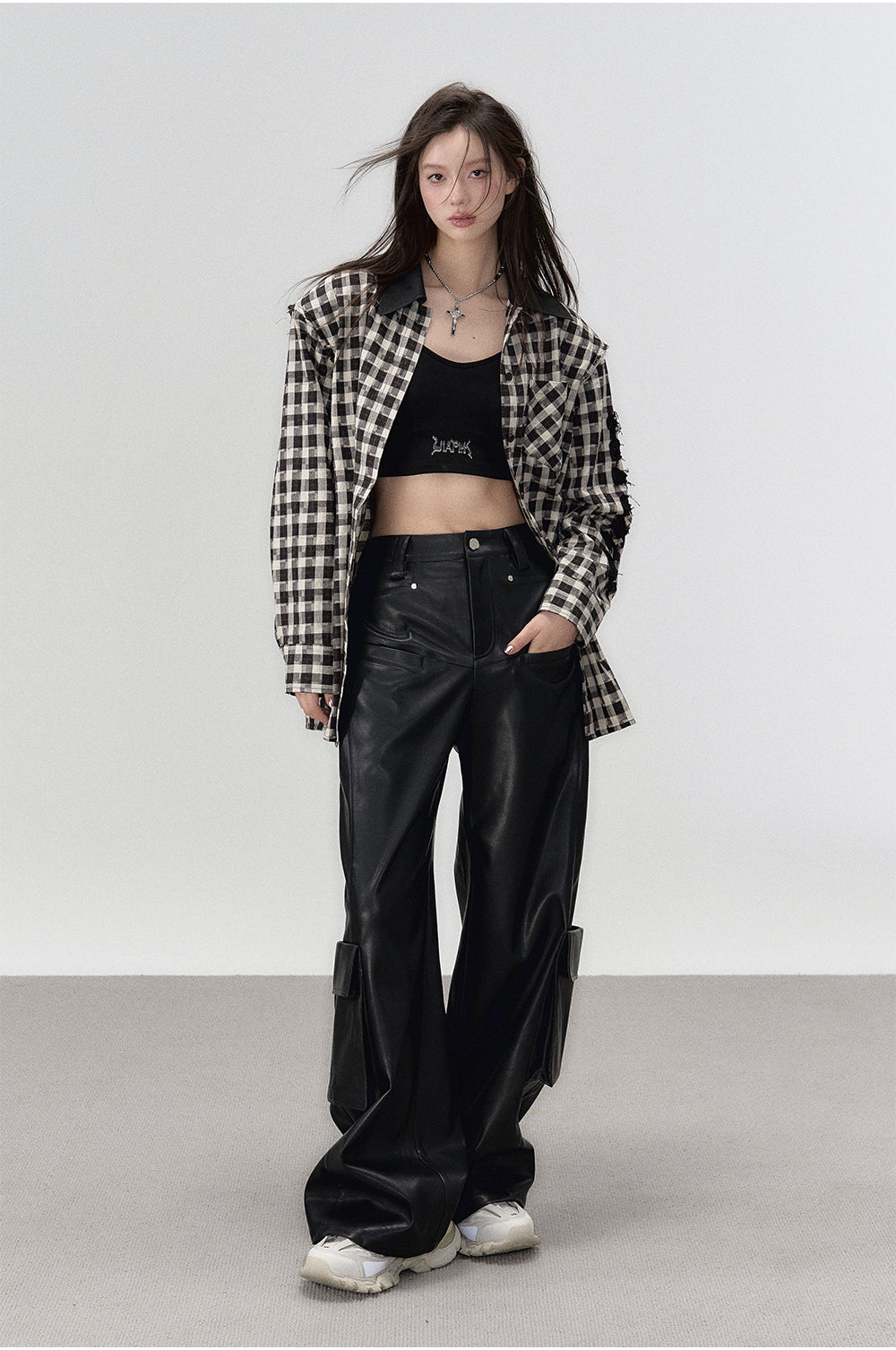 Black Rivet Straight Leather Pants