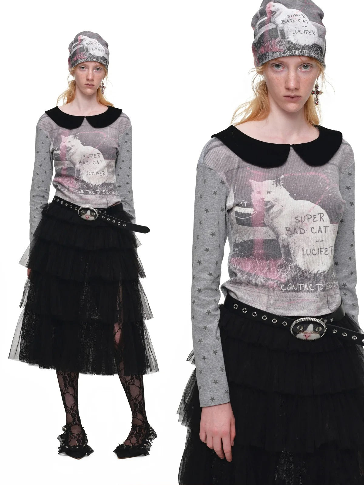 Cat Print Waffle Collar Top