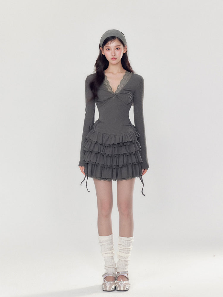 V-neck Long Sleeve Cake Dress