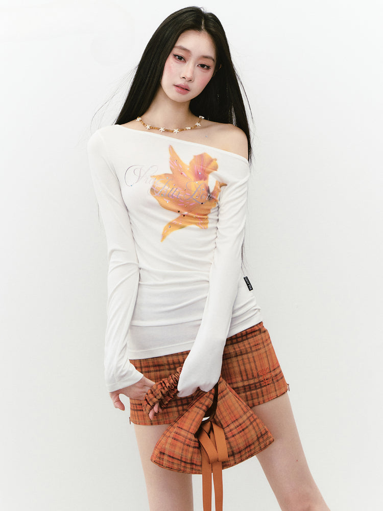 Floral Rhinestone Off-Shoulder Slim-Fit Long Sleeve T-shirt
