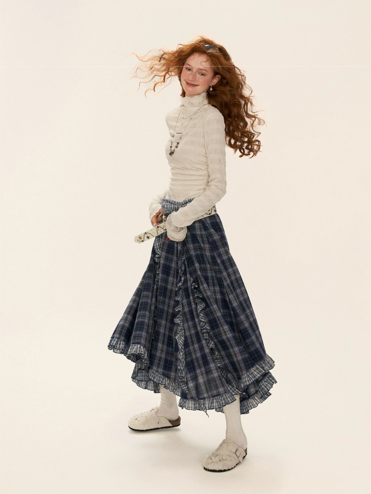 Asymmetric Ruffle Plaid Midi Skirt