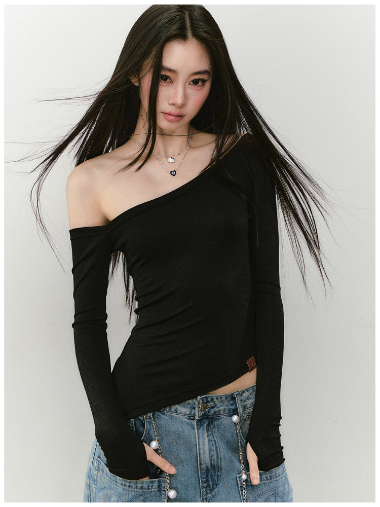 Shimmer Asymmetric Shoulder Irregular T-shirt