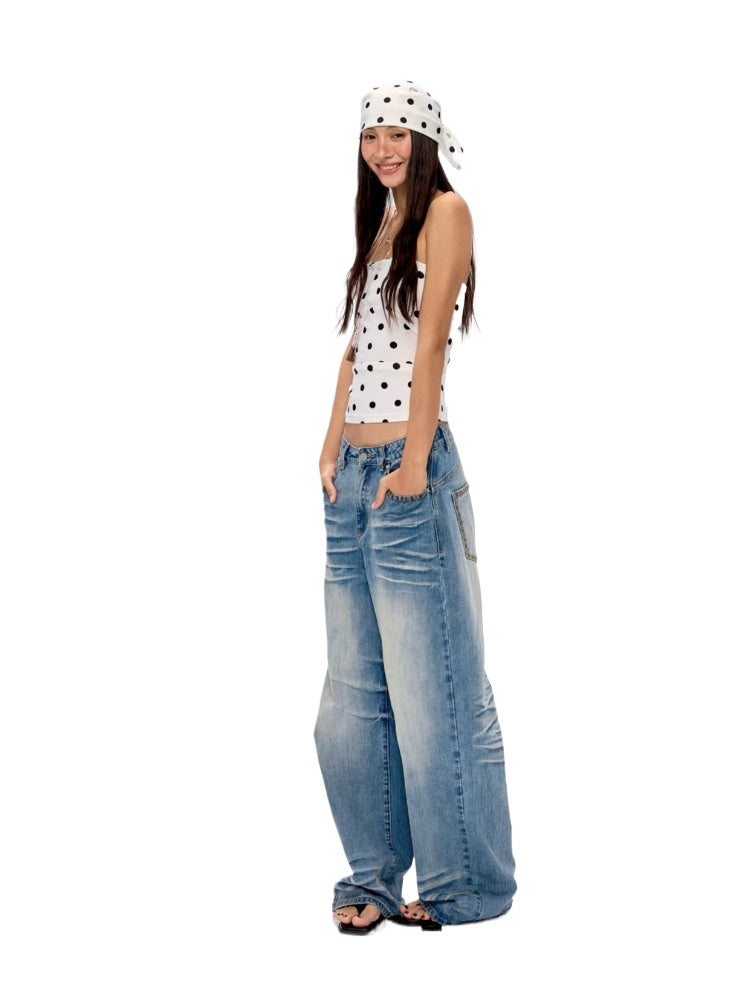 Washed Blue Drapey Wide-Leg Jeans