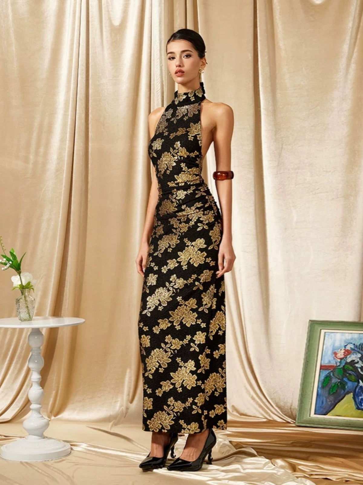 Black Gold Halter Qipao Evening Dress