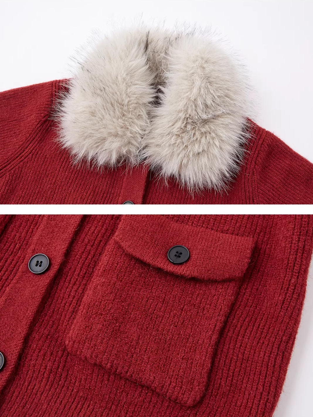 Detachable Fur Collar Ribbed Cardigan