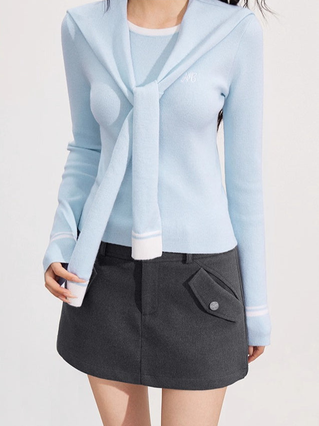 Gray & Blue Shoulder Crewneck Layer & Cape Set