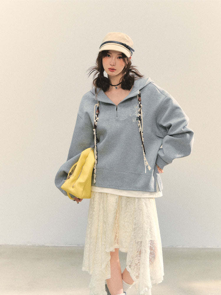 Fake Two-Piece Flower Embroidery Hat Cord Pullover Hoodie