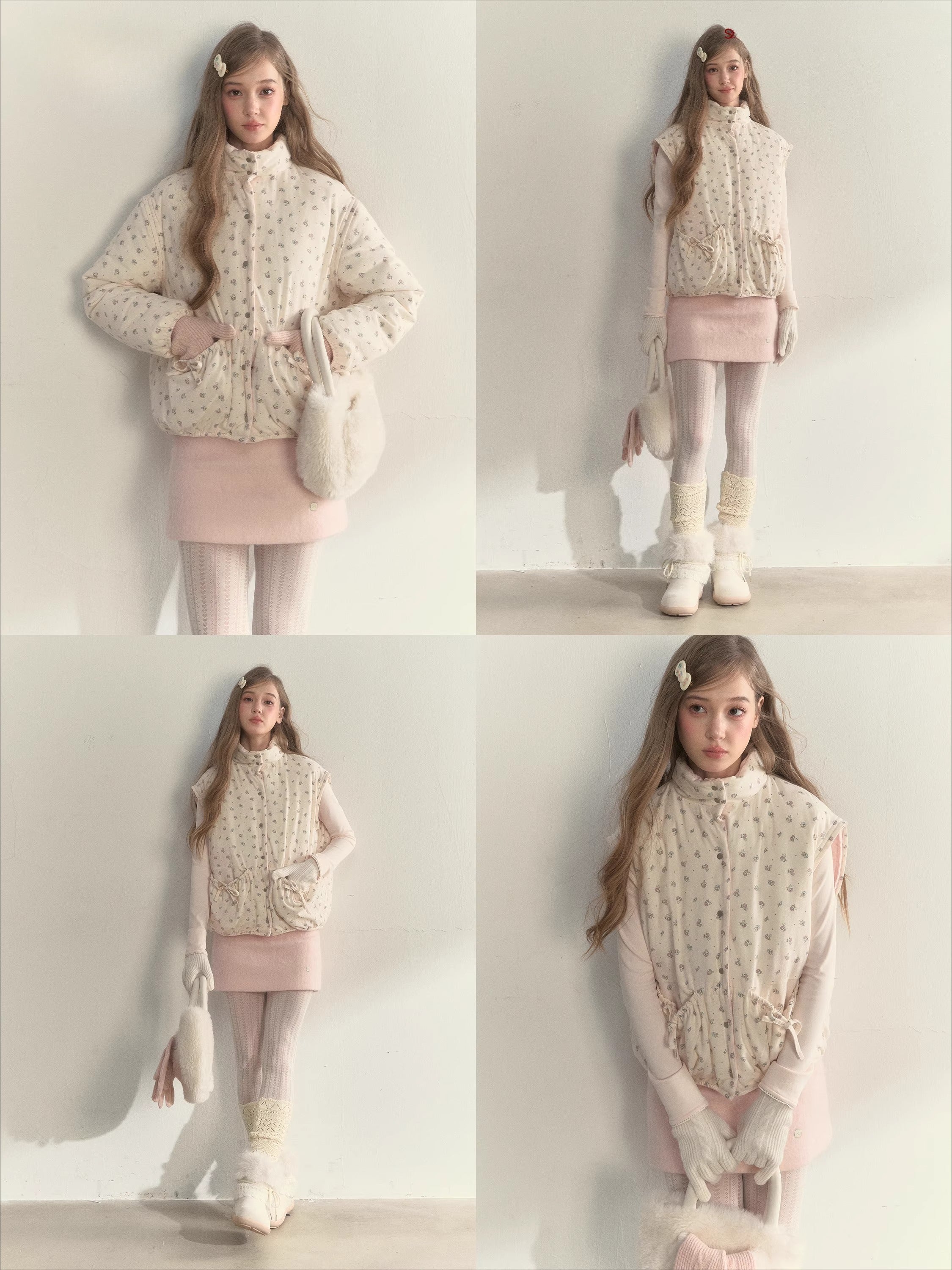 Pink Corduroy Floral Double-Sided Cotton Puffer Vest