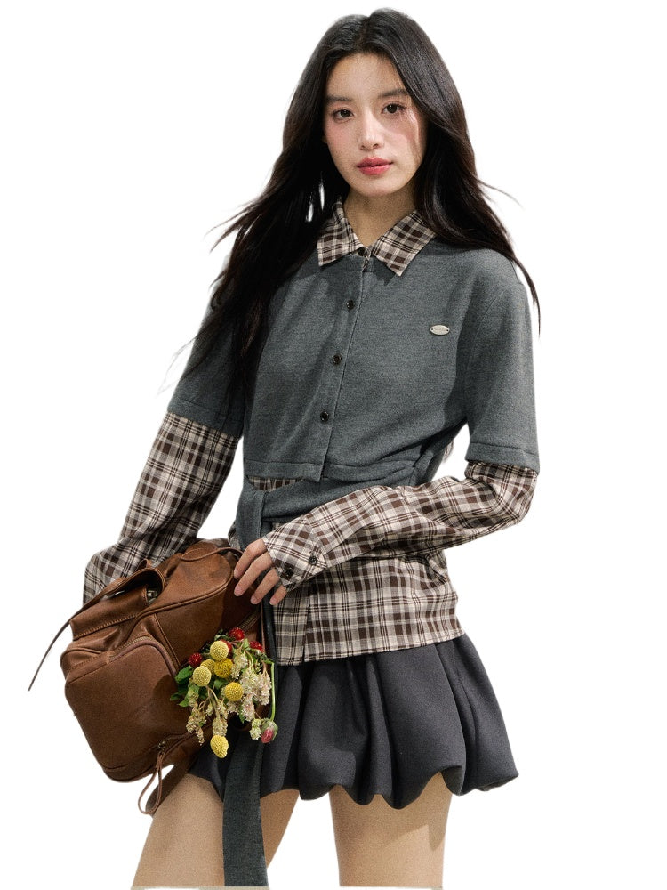 College Plaid Fake Two-piece Shirt