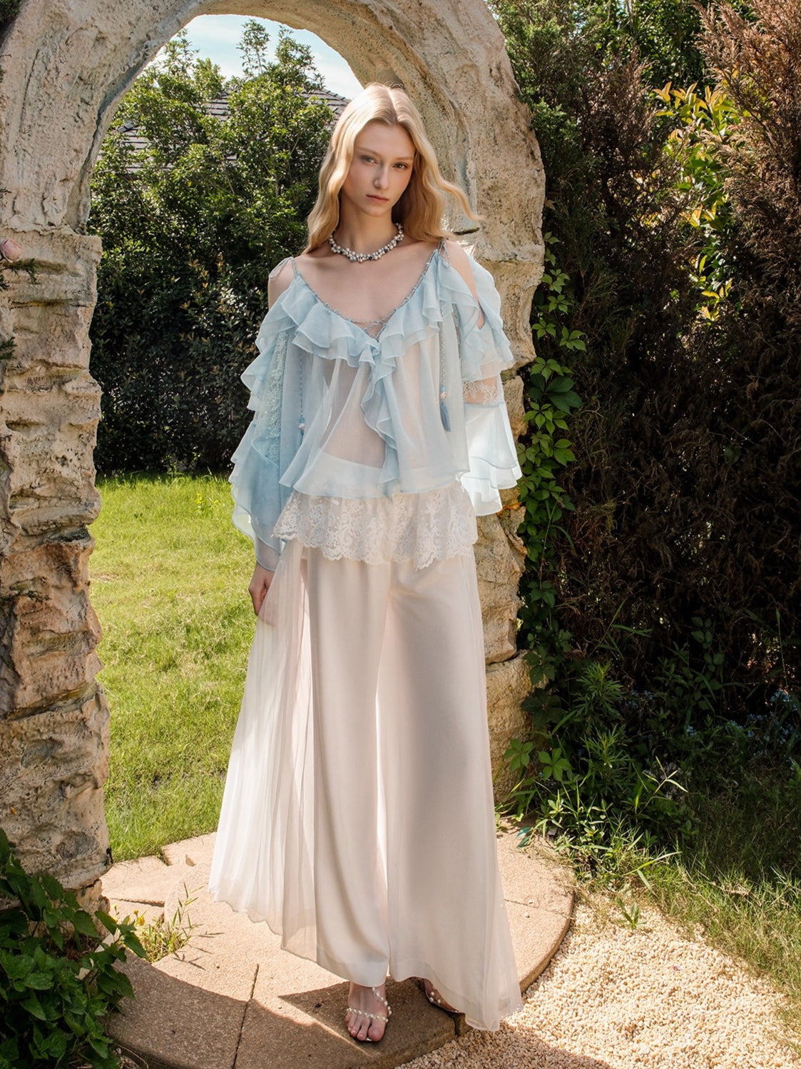 Flowy Chiffon Ruffle V-neck Shirt