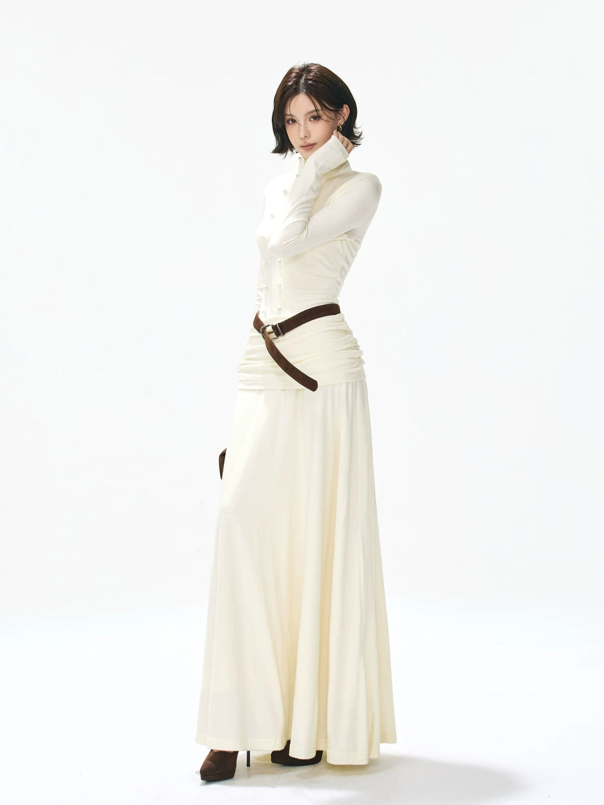 Belted Turtleneck Knit Maxi Dress