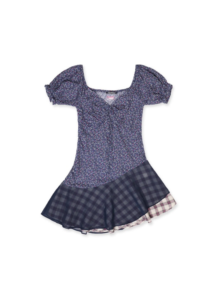 Floral Patchwork Mesh Bow Tie Bubble Sleeve Top & Dress