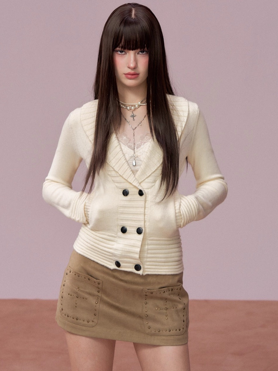 V-neck Double-breasted Knit Sweater