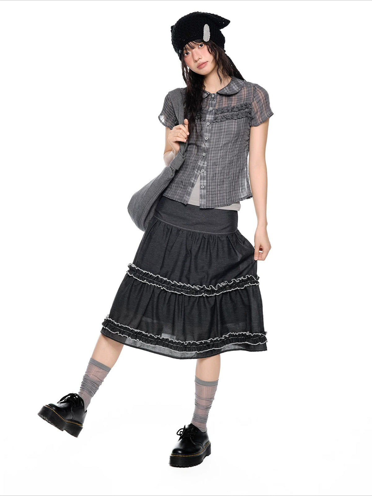 Pleated Plaid Collar Top