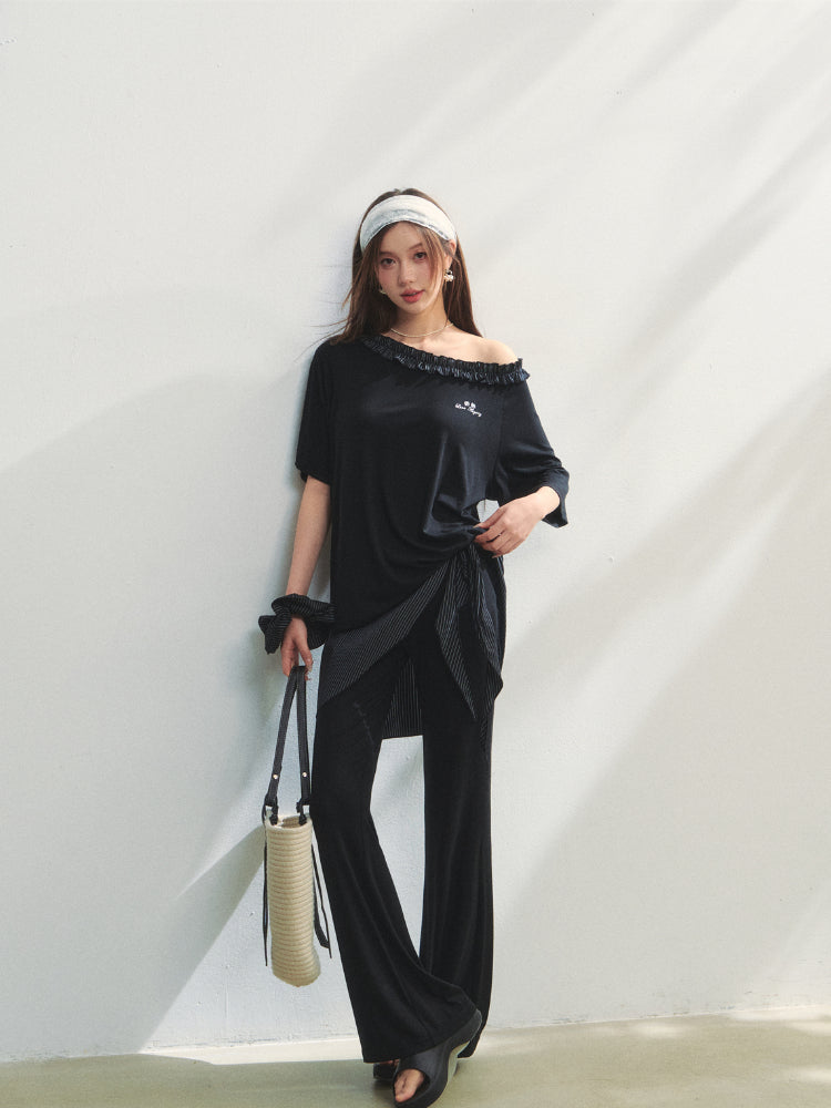 Checkered Asymmetric Shoulder Short-Sleeve T-Shirt & Pants Set