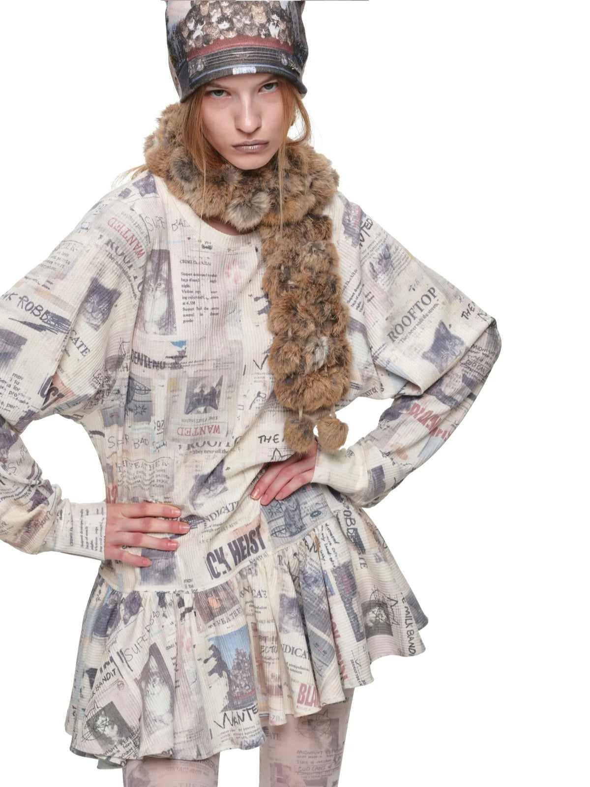 Cat Newspaper Ruffle Waffle Dress