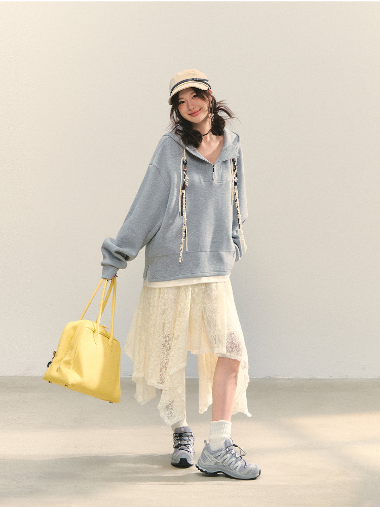 Beige Lace Irregular Hem Midi Skirt