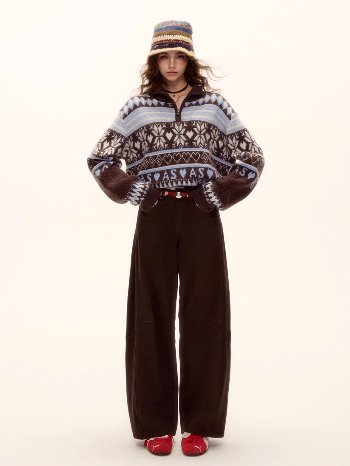 Belted Contrast Stitch Denim Pants