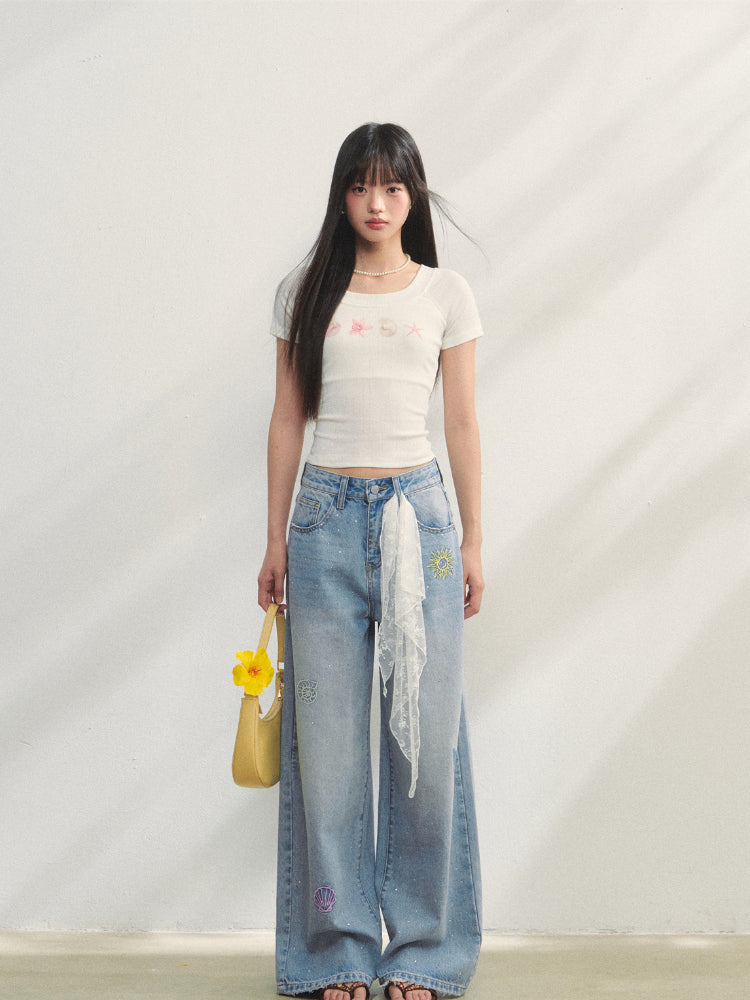 Embroidered Denim Wide-Leg Pants