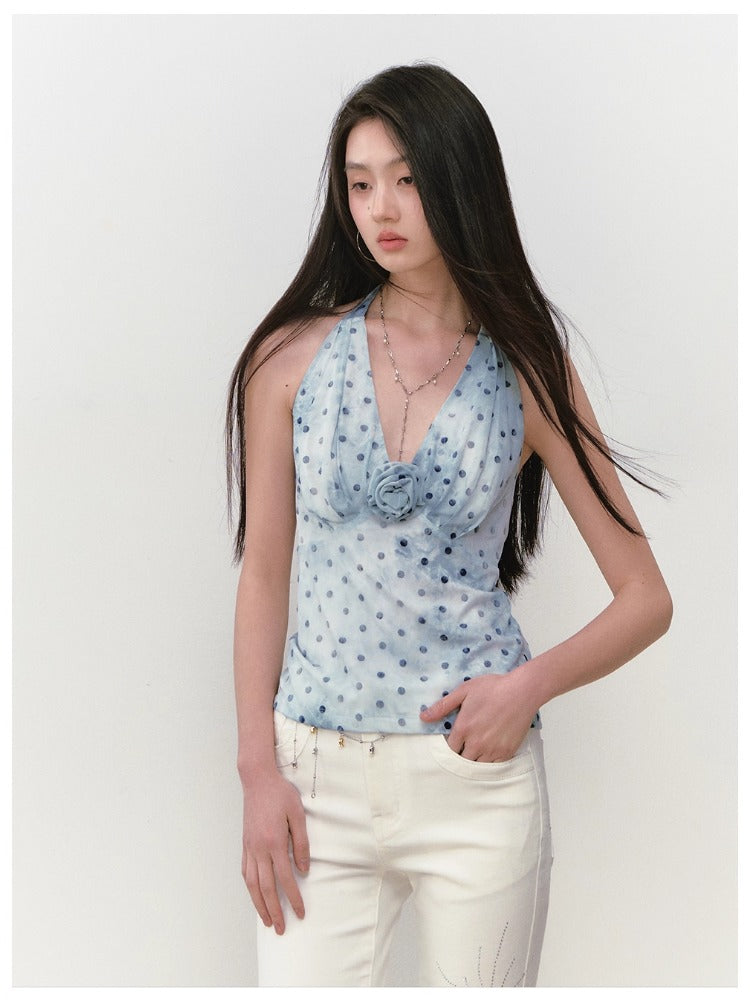 Polka Dot Rose Halter Tank Top