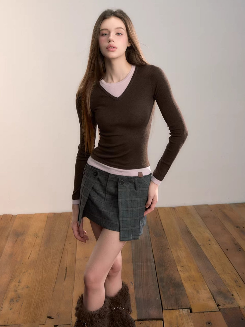 Gray Plaid Double Waist Pleated Skirt