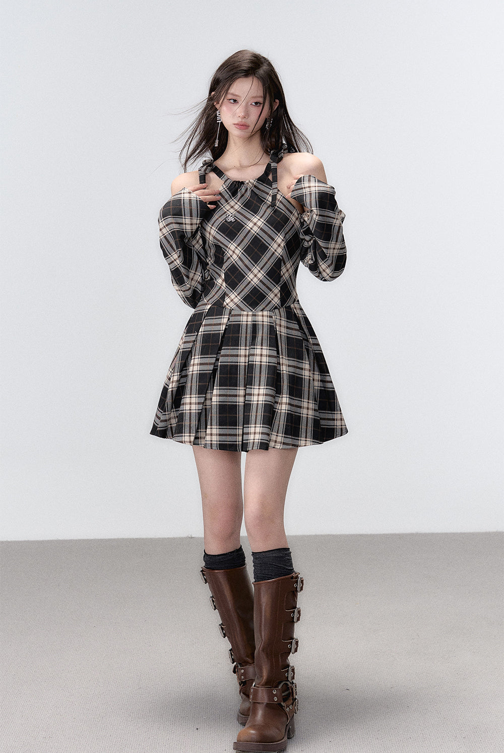 Black Plaid A-line Halter Mini Dress