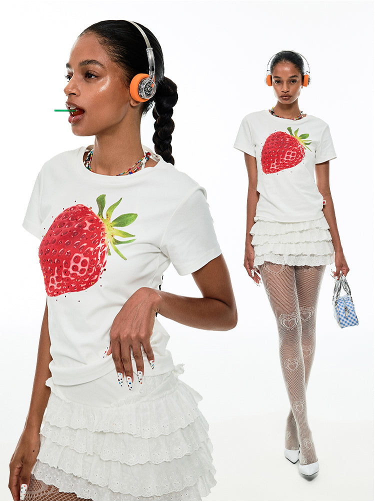 Fruit  Printed Rhinestone T-shirt