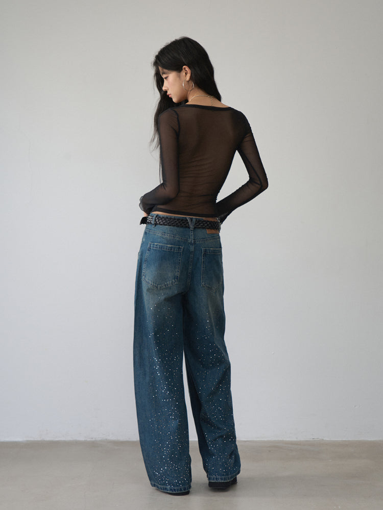 V-Neck Ruffled Mesh Slim Long-Sleeve Blouse