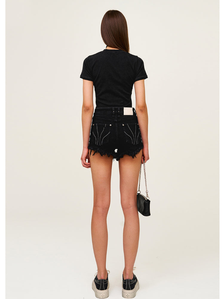 Waist-Cinching Embroidered Round-Neck T-Shirt