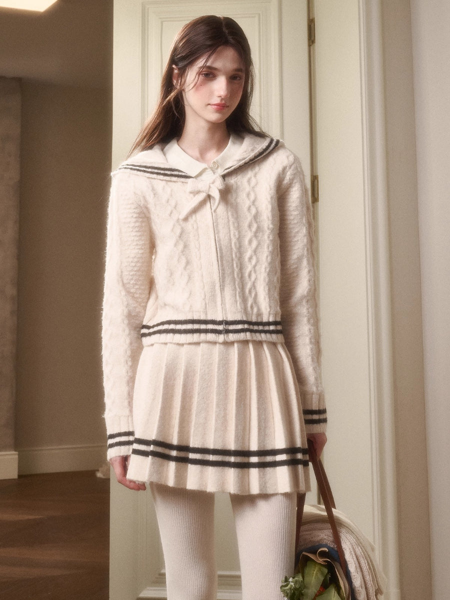 White Philosophy Wool Cloud Cable-Knit Cardigan & Skirt Set