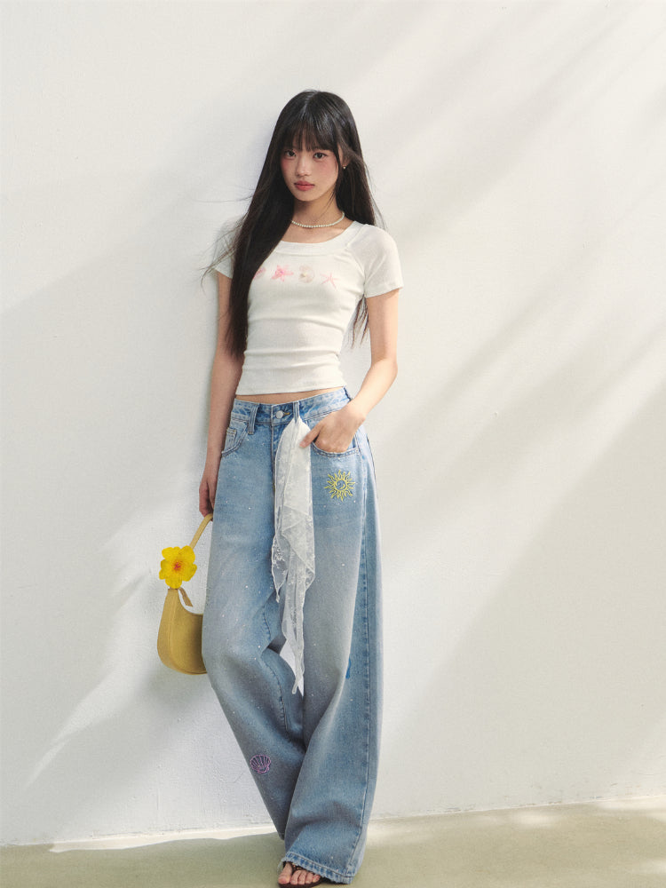 Embroidered Denim Wide-Leg Pants