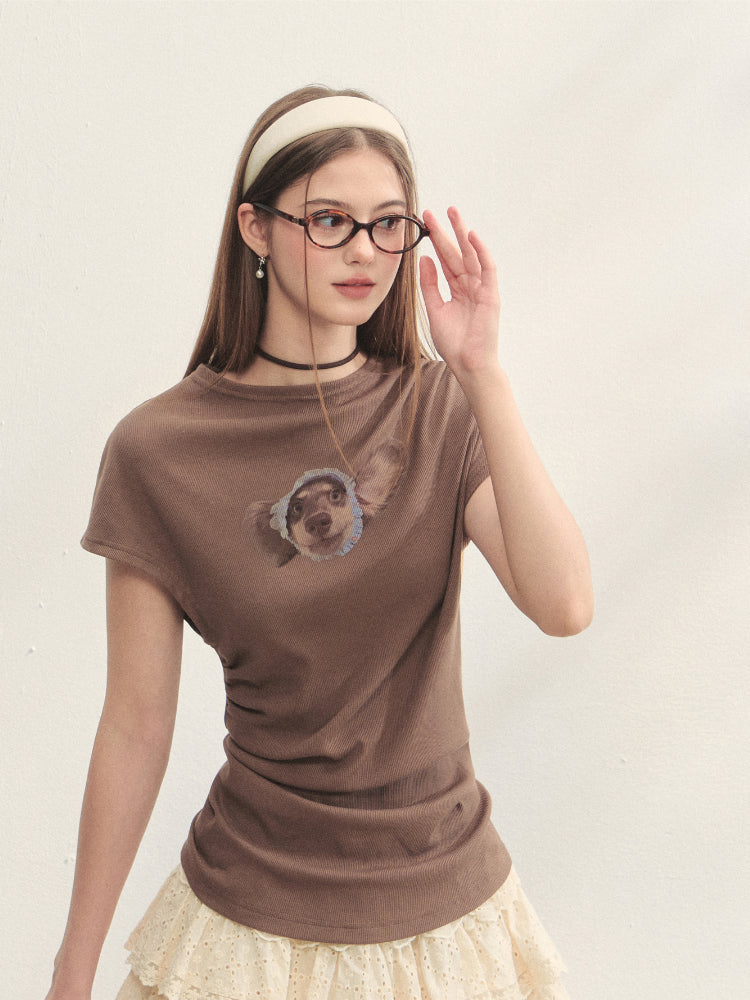 Elastic Pleated Crew Neck T-shirt