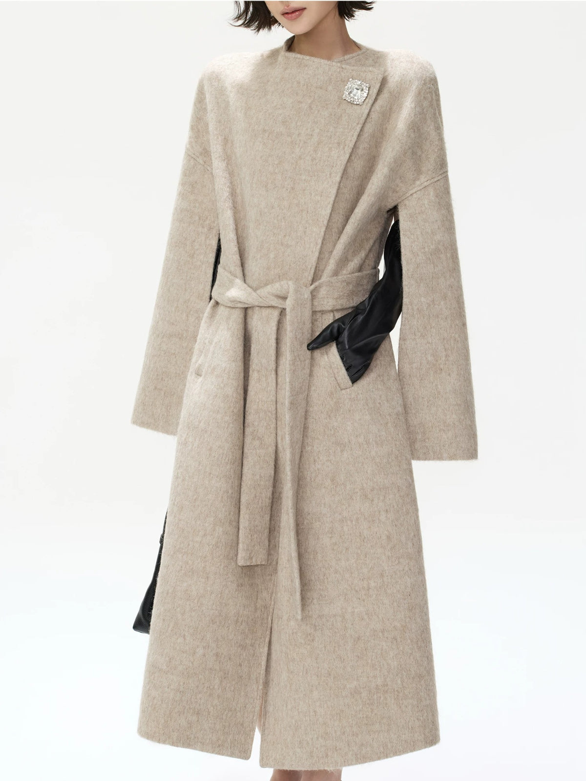 Embellished Buckle Belted Wool Blend Coat