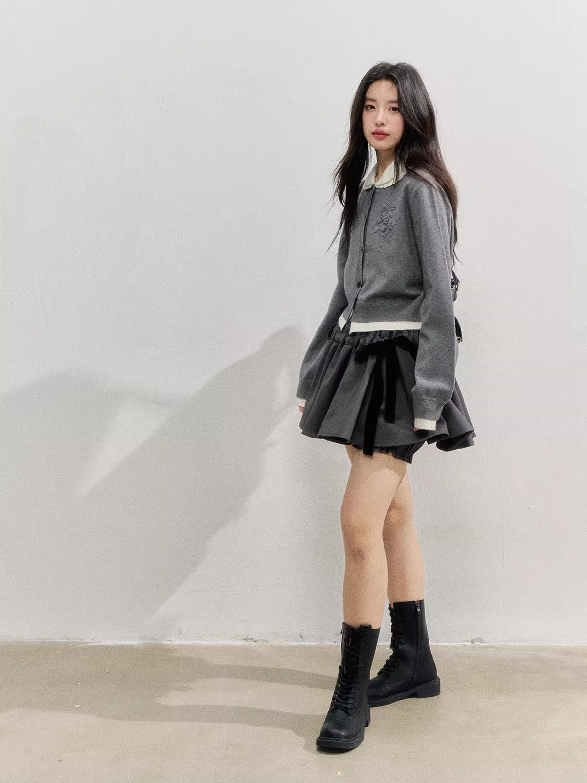 Gray Velvet Bow Puff Skirt