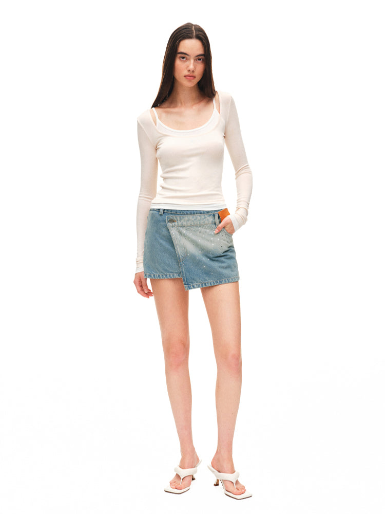 Color-block Two-piece Integrated Strap Layered T-shirt Top