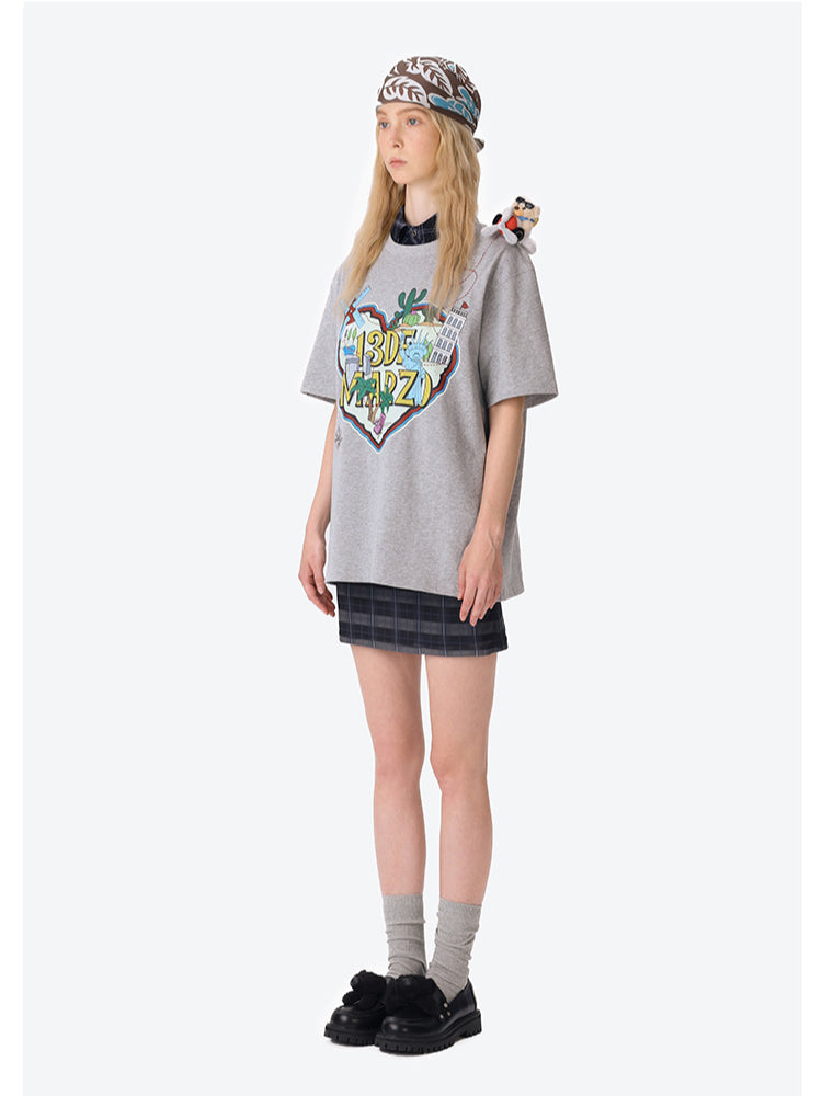 Map Illustration Crew Neck Short Sleeve T-shirt