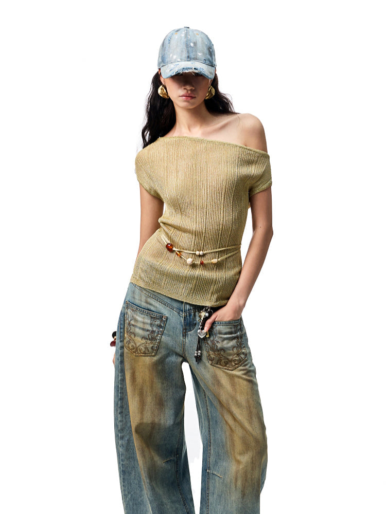 Asymmetric Shoulder Knit Short Sleeve T-shirt