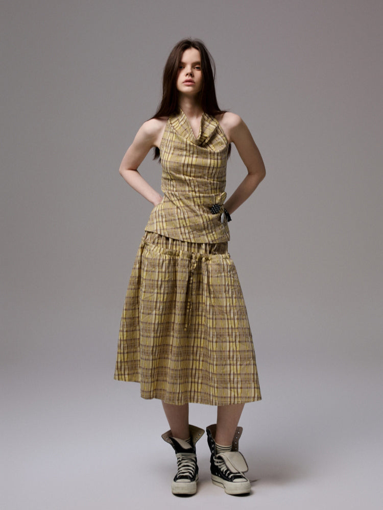 Plaid Halter Neck Backless Tank Top & Midi Skirt Set