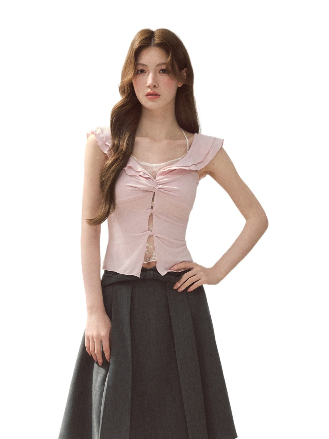Pink & Gray Ruffle Trim Blouse