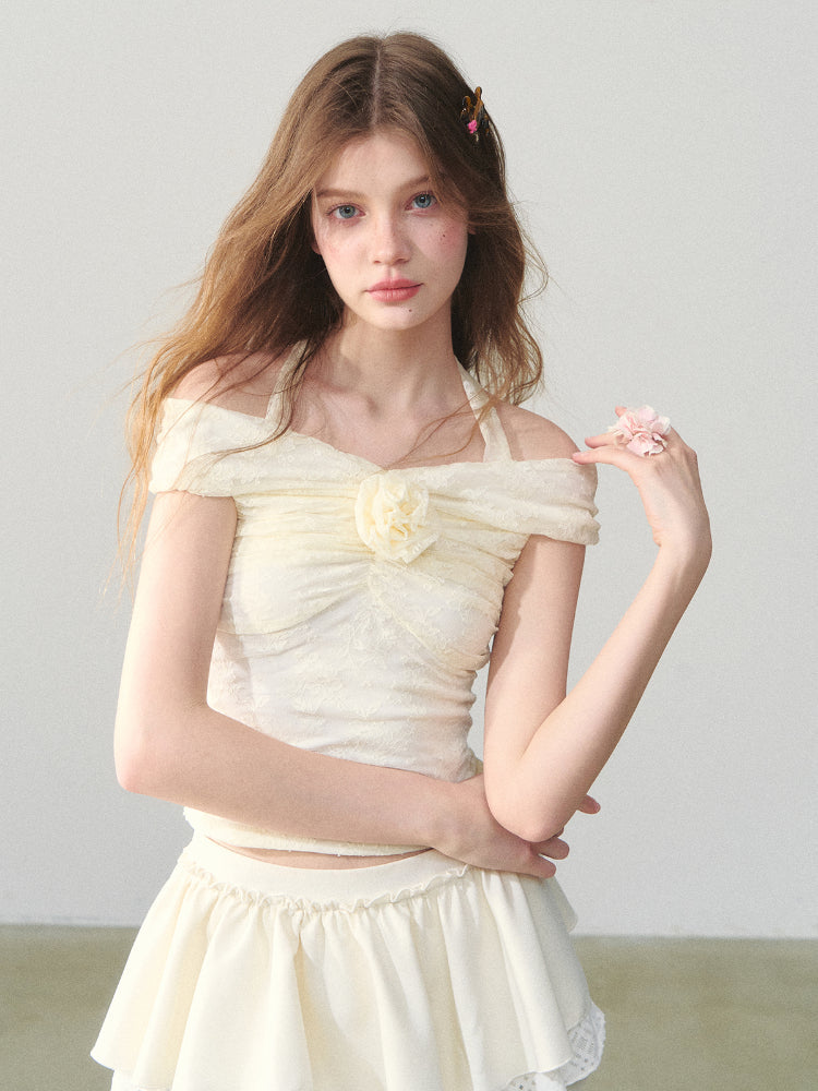 Off Shoulder 3D Flower Lace Short Top