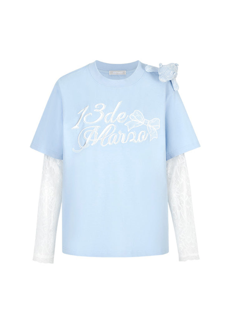 Lace Bear Fake Two- Piece Round-Neck T-Shirt