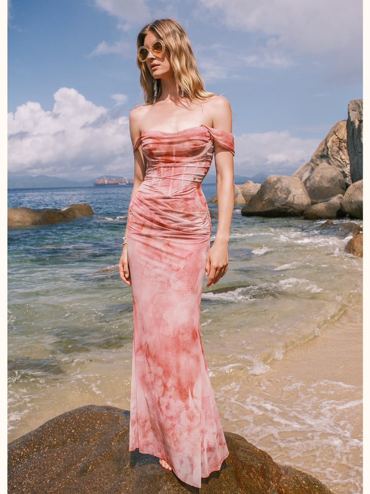 One-shoulder Pleated and Gradient-dyed Dress