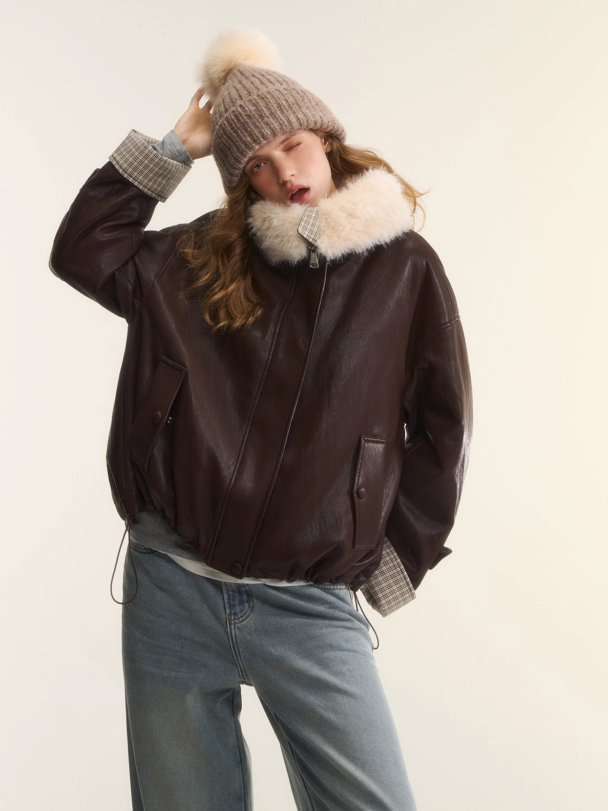 Plaid Faux Fur Collar Down Jacket