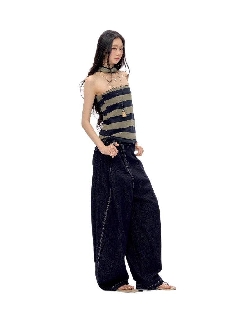 Dark Green Striped Halter Top