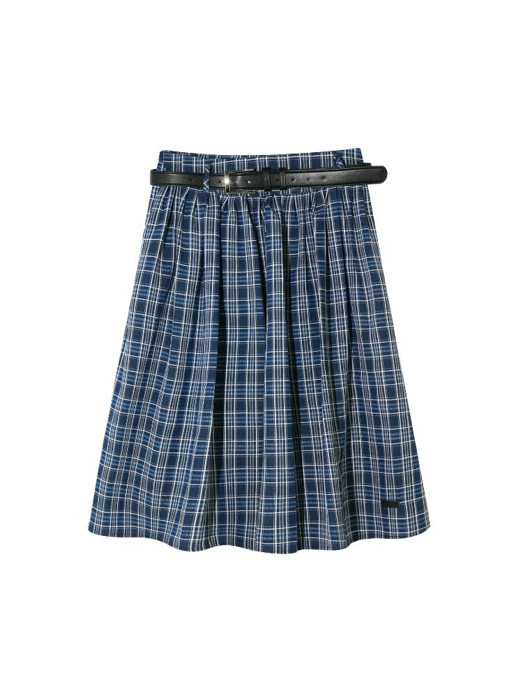 Blue Belted Plaid Skirt