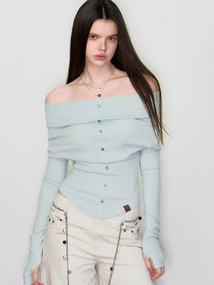 Off-Shoulder Long Sleeve Knit Tee